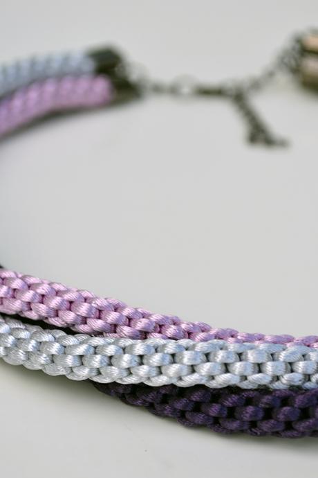 braided satin necklace in purple, pink and grey