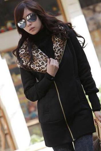Comfortable Zip Closure Leopard Inside Cotton Hooded Coat - Black