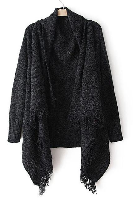 Woman Baggy Sweater Cardigans With Tassel Decoration - Black