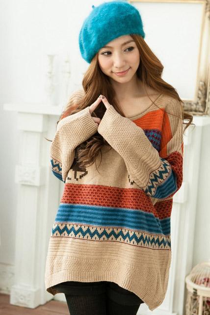 Loose Round Neck Long Sleeve Fawn Print Knitting Wool Long Pullovers - Khaki
