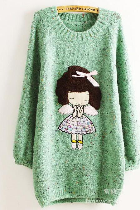 Cute Little Girl Pattern Loose Round Neck Batwing Sleeve Sweater - Green