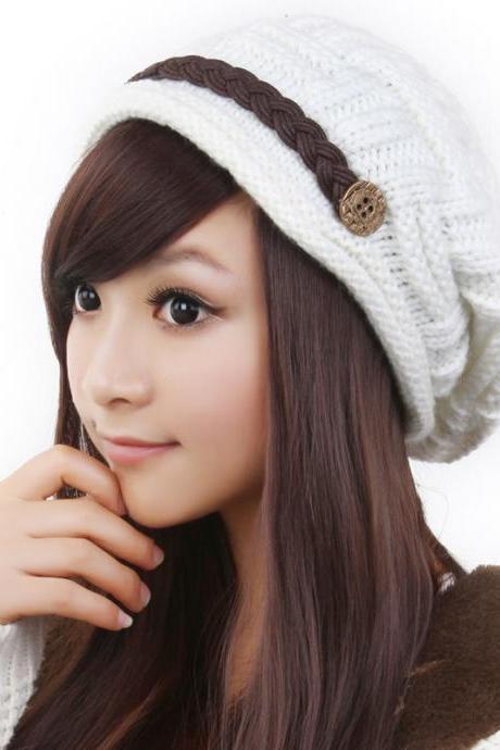 Free shipping Fashion Slouchy Knitted Hat Cap For Women - White 