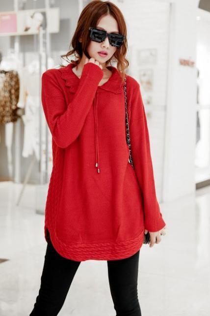 Casual Turndown Collar Long Pattern Solid Woman Sweater - Red