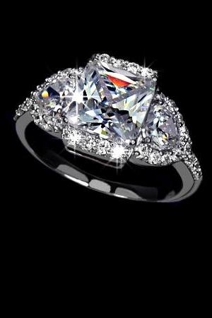 White Gold Rhodium Plated Princess Cut w/ 2 heart shapes CZ on both sides Halo Engagement Ring - sizes 5.5 to 9