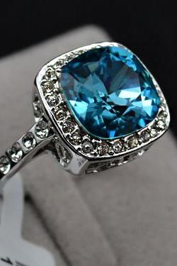 Wgp Turquoise Blue Sapphire Crystal Promise Ring - Halo Ring - Sizes 5.5 Thru 9