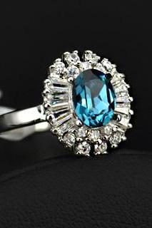 White Gold Plated CZ and Austrian Turquoise Blue Crystal inlaid - sz 5.5 thru 9
