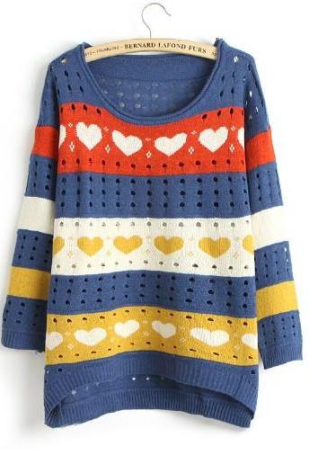 Cute Love style Hollow Loose Women Knitting Sweater - Dark Blue