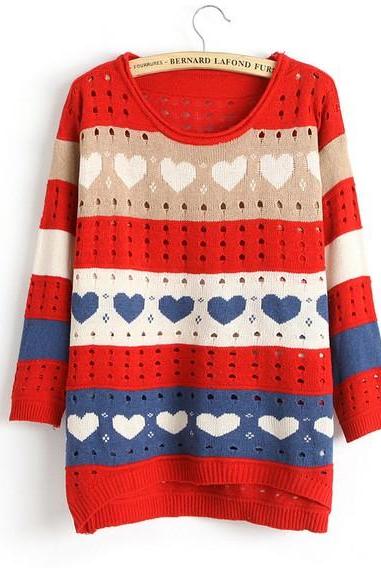 Cute Love Style Hollow Loose Women Knitting Sweater - Red