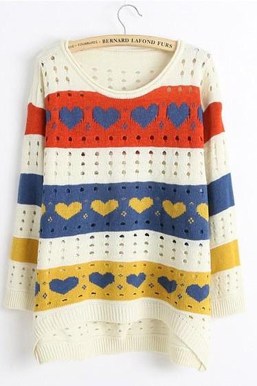 Cute Love style Hollow Loose Women Knitting Sweater - White