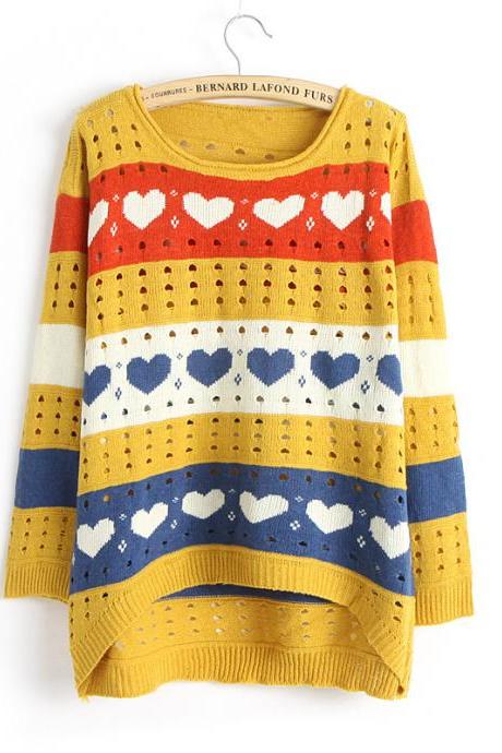 Cute Love style Hollow Loose Women Knitting Sweater - Yellow