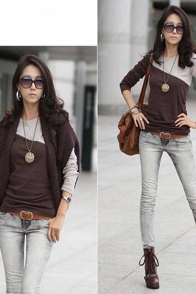  Women Cotton long sleeve T- shirt - Coffee