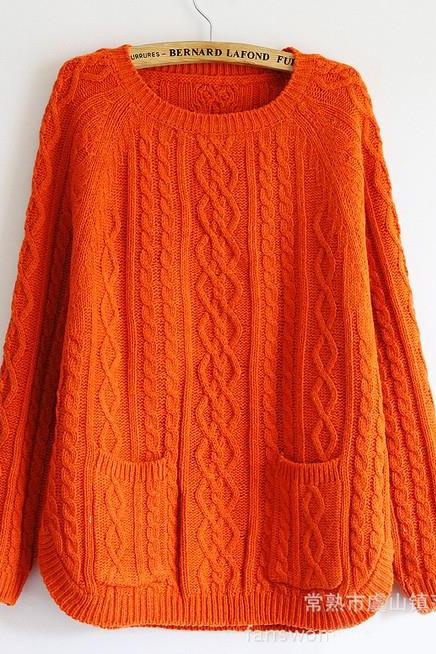 Retro Batwing Sleeve Sweater With Pockets - Orange