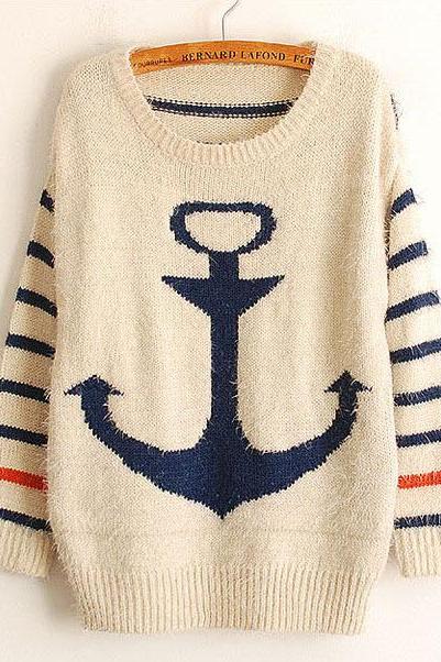 Women Striped navy retro Sweater - Navy Blue