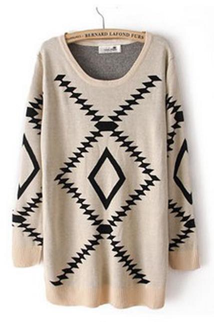 Fitted Comfy Geometry Pattern Knitting Wool Pullovers - Beige