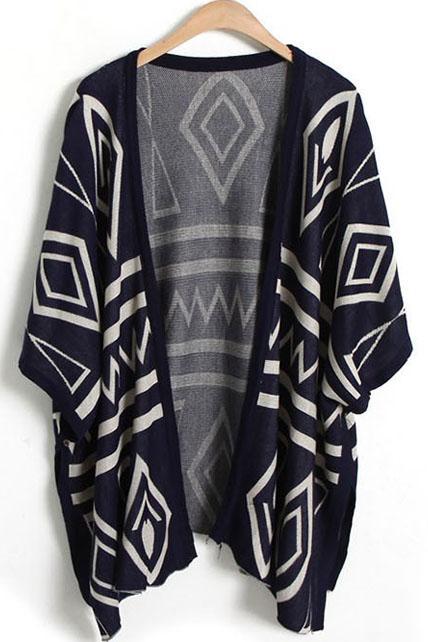 Stylish Navy Blue Geometrical Pattern Shawl Sweater For Woman