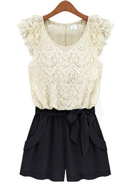 Fashion And Romantic Lace Pattern Petal Sleeve Color Block Rompers - White&Black