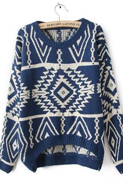 Hot Sale Geometry Pattern Knitting Wool Pullovers - Dark Blue