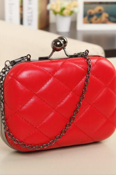 Candy-Color Evening Clutch Party Bridal Fashion Chain Mini Lingge Bags Clutch Handbag-Red