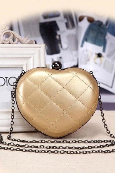 Cute Fashion Chain Mini Lingge Heart Bags Clutch Handbag-Gold