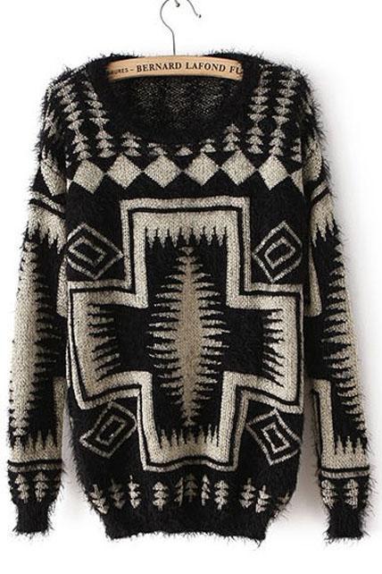 Classic Black Big Cross Pattern Long Sleeve Pullovers