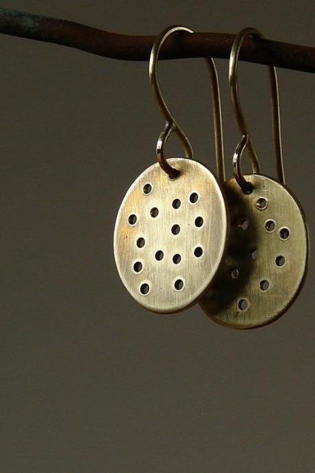 Brass Drop Earrings. Gold Tone Brass. Dots Oval. Oxidized Brushed Patina.