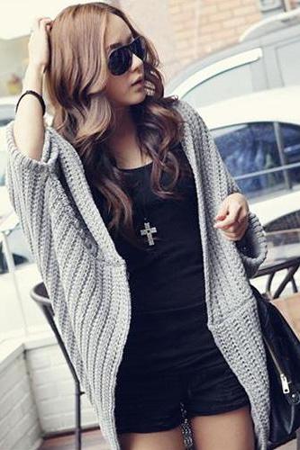 Good Quality Women Batwing-sleeve Cardigan Sweater - Grey