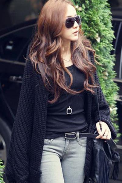 Good Quality Women Batwing-sleeve Cardigan Sweater - Black 