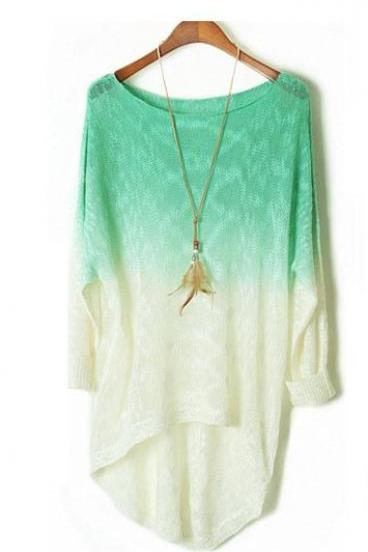 Green Color Gradient Batwing Sleeve Irregular Sweaters For Women