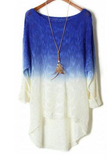 Blue Color Gradient Batwing Sleeve Irregular Sweaters For Women
