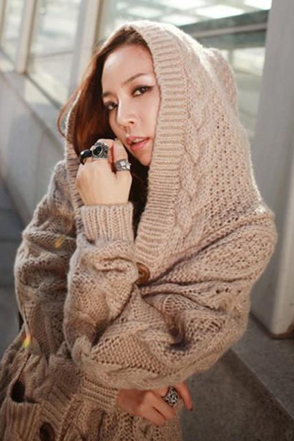 Winter Hooded Collar Long Sleeve Cable Sweater - Khaki