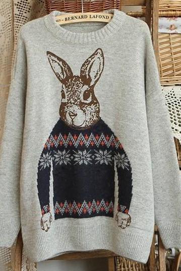 Girls Sweet Rabbit Print Long Sleeve Pullovers - Grey