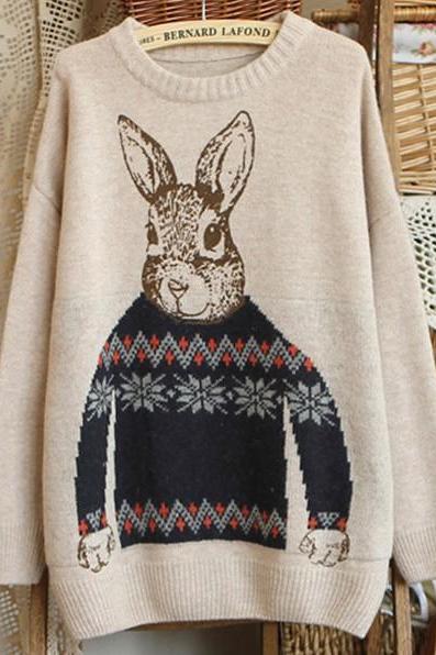 Girls Sweet Rabbit Print Long Sleeve Pullovers - Khaki