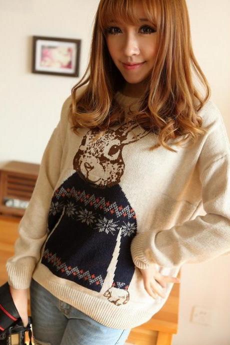 Girls Sweet Rabbit Print Long Sleeve Pullovers - Beige