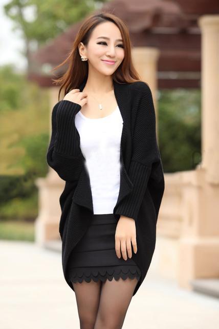 Convertible Knitting Unclosed Batwing Sleeve Cardigans - Black