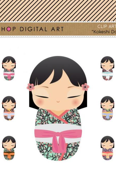 Kokeshi Dolls Clip Art + Digital Collage Sheet