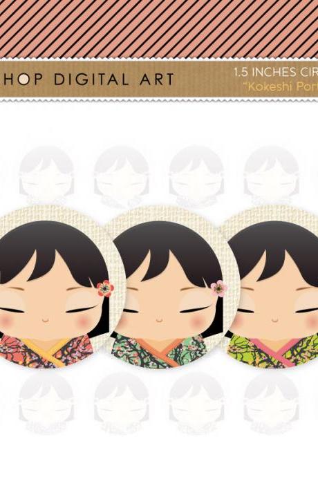 1.5" Digital Collage Sheet Circles - Kokeshi Dolls Portrait
