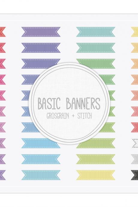Basic Ribbon Banners Grosgrain Stitch Clip Art - INSTANT DOWNLOAD - Buy Any 2 Packs Get 1 Free