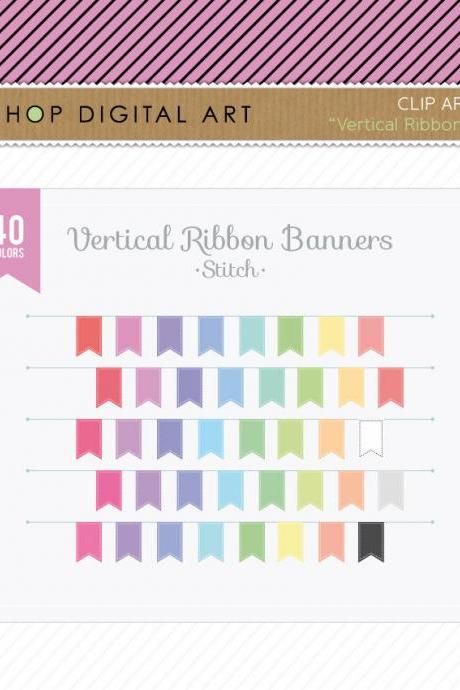 Vertical Ribbon Banners Stitch Clip Art - INSTANT DOWNLOAD - Buy Any 2 Packs Get 1 Free