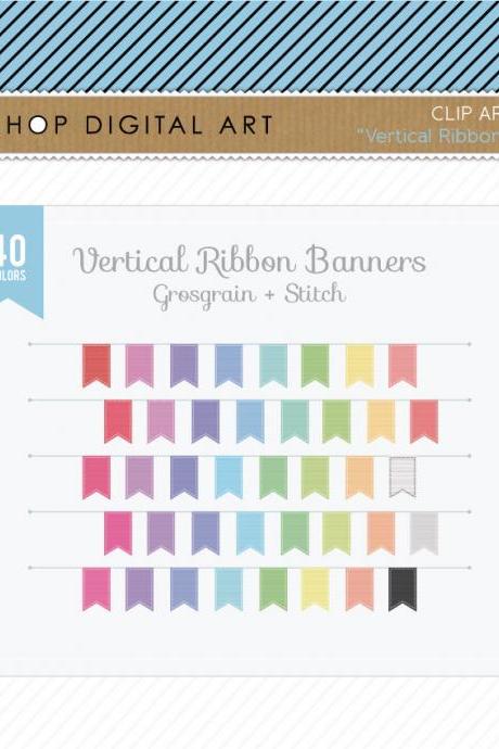 Vertical Ribbon Banners Grosgrain Stitch Clip Art - INSTANT DOWNLOAD - Buy Any 2 Packs Get 1 Free