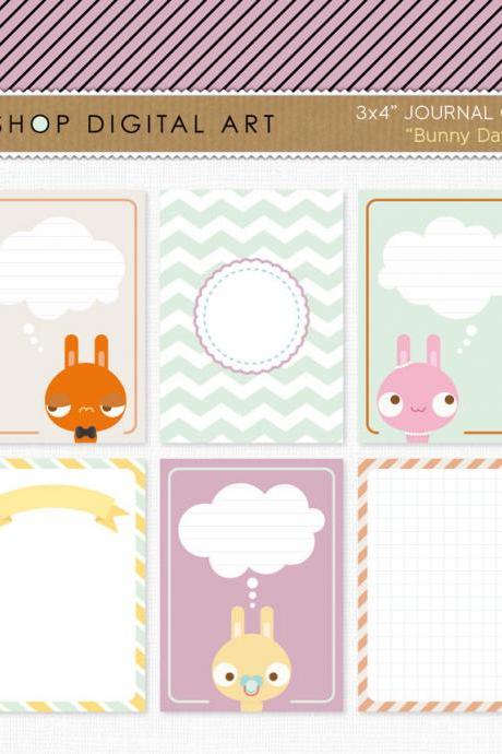 6 Printable Journal Cards Project Life - Bunnies 3x4 inches - INSTANT DOWNLOAD - Buy Any 2 Packs Get 1 Free