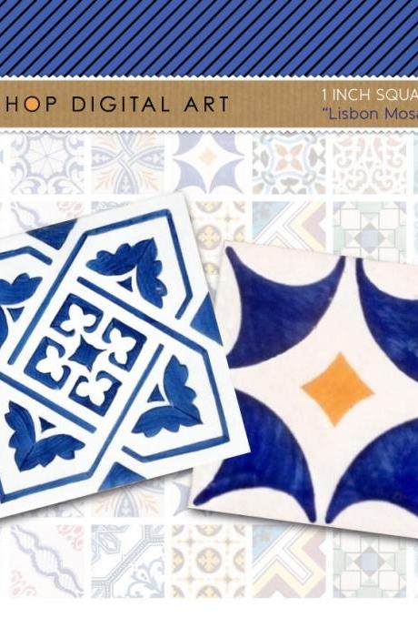1' Digital Collage Sheet Squares Lisbon Mosaic Tiles - Portuguese Azulejos - INSTANT DOWNLOAD - Buy Any 2 Packs Get 1 Free