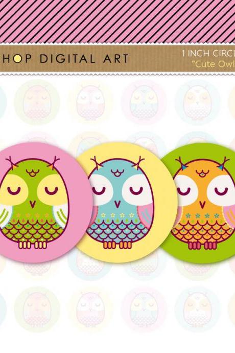 1' Digital Collage Sheet Circles Owls- Cute Owls - INSTANT DOWNLOAD - Buy Any 2 Packs Get 1 Free