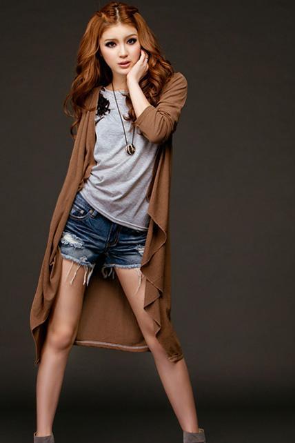 Casual Loose Long Sleeve Coffee Cotton over Length Cardigans