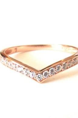 Rose Gold Over Sterling Silver Ring-Chervon Stacking Ring-CZ Ring