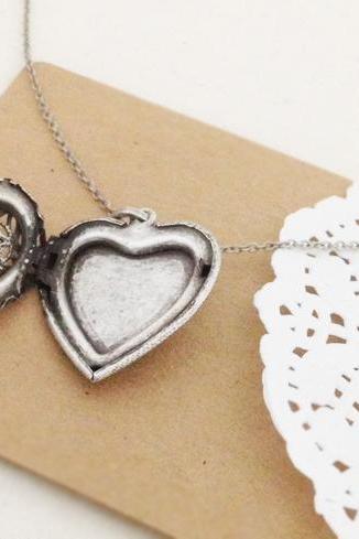 Heart Locket Neclace, Vintage brass filigree heart locket necklace