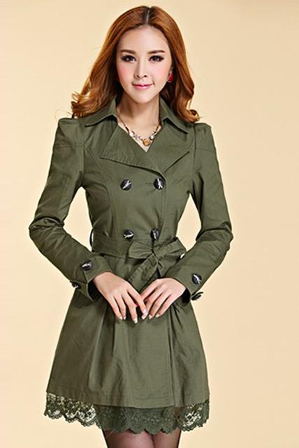 New Lace Decoration Double Breasted Trench Coat - Army Green
