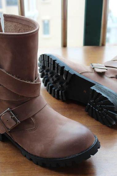 Biker Boots,retro Leather Buckle Motorcycle Boots,brown Boots
