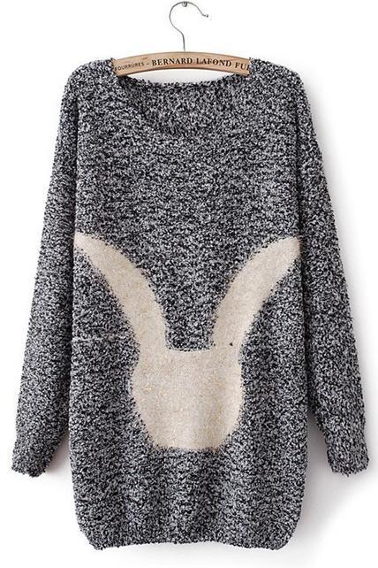 Cute Pullovers Rabbit Design Long Sleeve Sweater - Grey