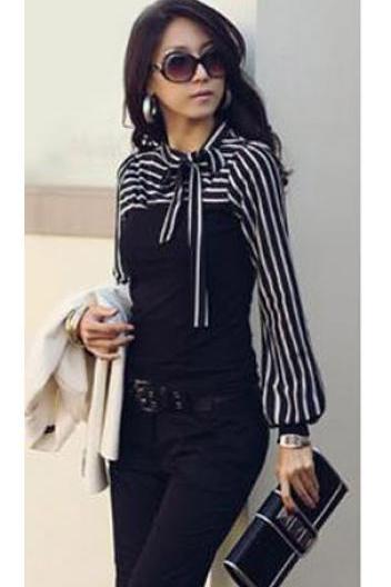 2014 Arrival Women Blouses Shirts Polo Neck Stripes Long Puff Sleeve Cotton Casual Tops Blouses T-shirt, Stripe Blouse, Black And White