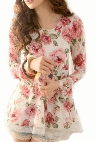 Lace Top, Roses Top, Chiffon Top, Lace Rose Top, Roses Print Top, Rose Prints, Blouse, Tunic, Lace, Rose Pattern Print T-shirt Lace Floral Tops